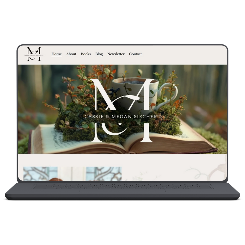 Screenshot of a website homepage for Cassie & Megan Siechert, featuring a logo and a background image of plants and an open book with a teacup on top.