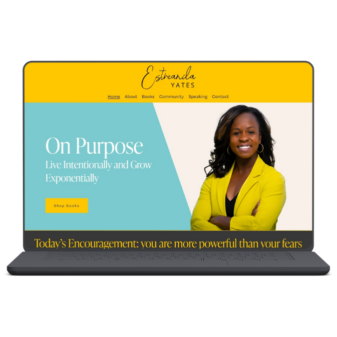 Screenshot of a website homepage for Estranda Yates featuring a woman in a yellow blazer on the right, with a blue and yellow color scheme and navigation menu, including a button to shop books.