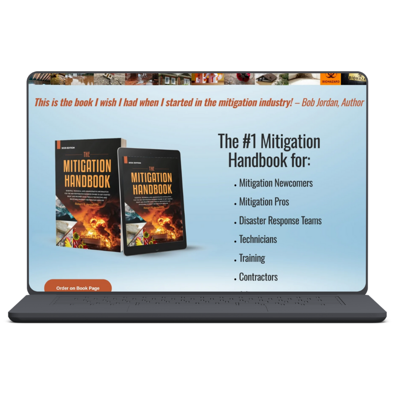 A laptop screen displays an advertisement for a mitigation handbook, featuring images of the book and a tablet version. The ad highlights the book as the top mitigation handbook for various groups like newcomers, pros, disaster response teams, technicians, and contractors, with a quote from Bob Jordan at the top.