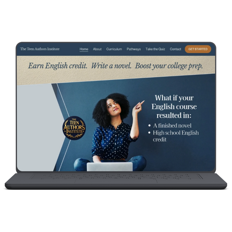 Website homepage for The Teen Authors Institute, promoting English courses that help teens earn credit, write novels, and boost college prep, featuring a woman with curly hair pointing upward.