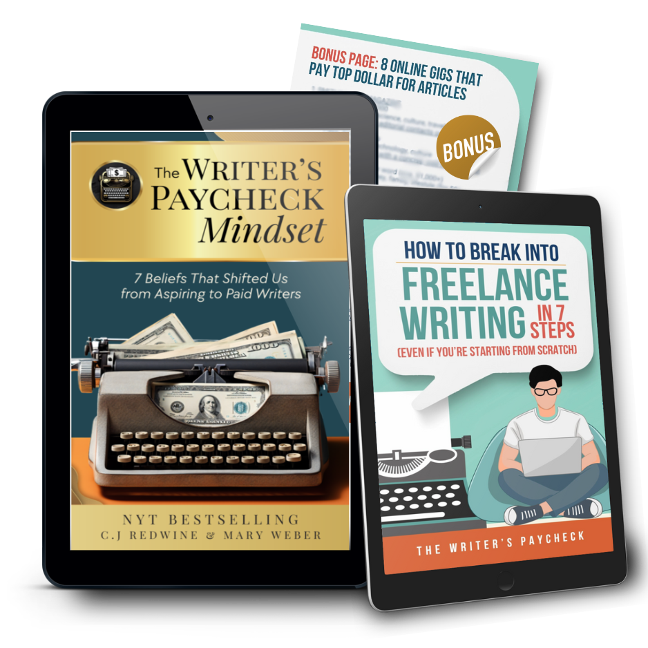 Books and tablets displaying writing and freelancing guides, including 'The Writer's Payday Check Mindset' and 'How to Break Into Freelance Writing in 7 Steps'.