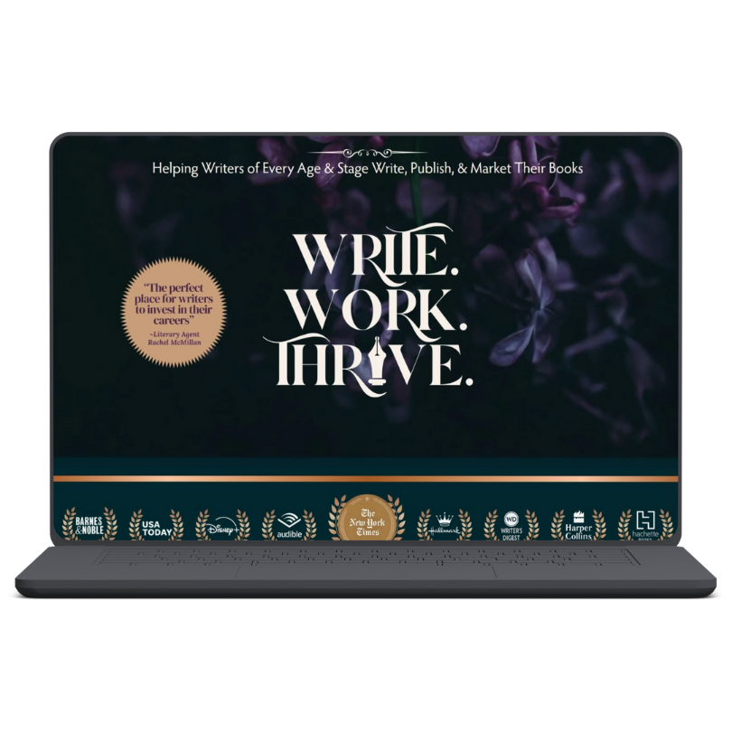 A laptop screen displaying a literary website or book promotional page with the words "Write. Work. Thrive." and various awards and publisher logos.