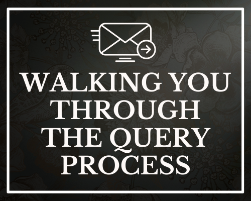A digital graphic with a white outlined email icon and arrow at the top, and the text 'Walking You Through the Query Process' in bold white letters on a dark floral background.