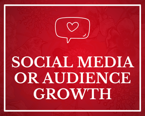 Red background with white text that reads 'Social Media or Audience Growth' and a speech bubble with a heart inside.