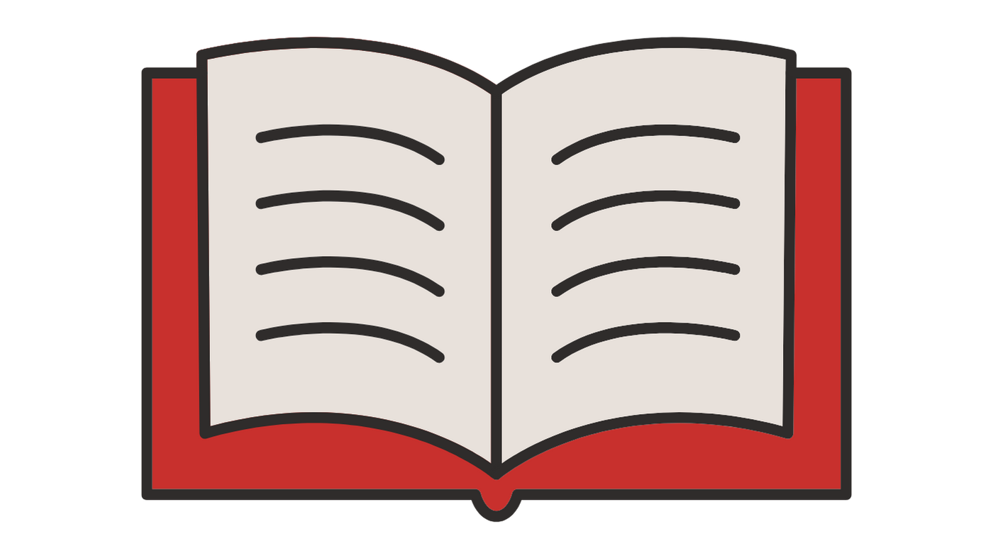 Illustration of an open book with a red cover and white pages containing black lines representing text.