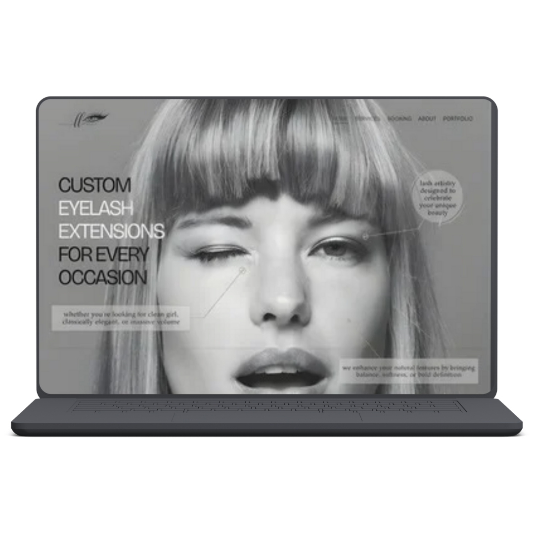 Laptop screen displaying an advertisement for custom eyelash extensions, featuring a grayscale image of a woman with light-colored hair and dramatic eye makeup.