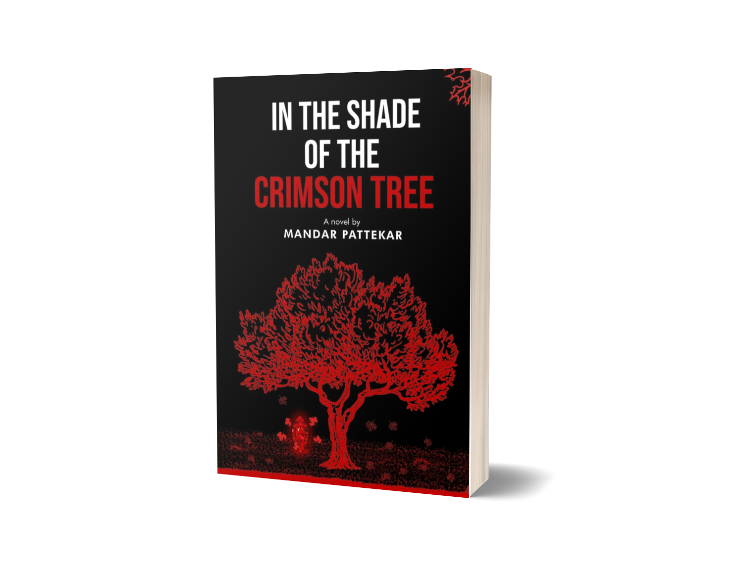 Book cover titled 'In the Shade of the Crimson Tree' by Mandar Pattekar, featuring a red illustration of a tree on a black background.