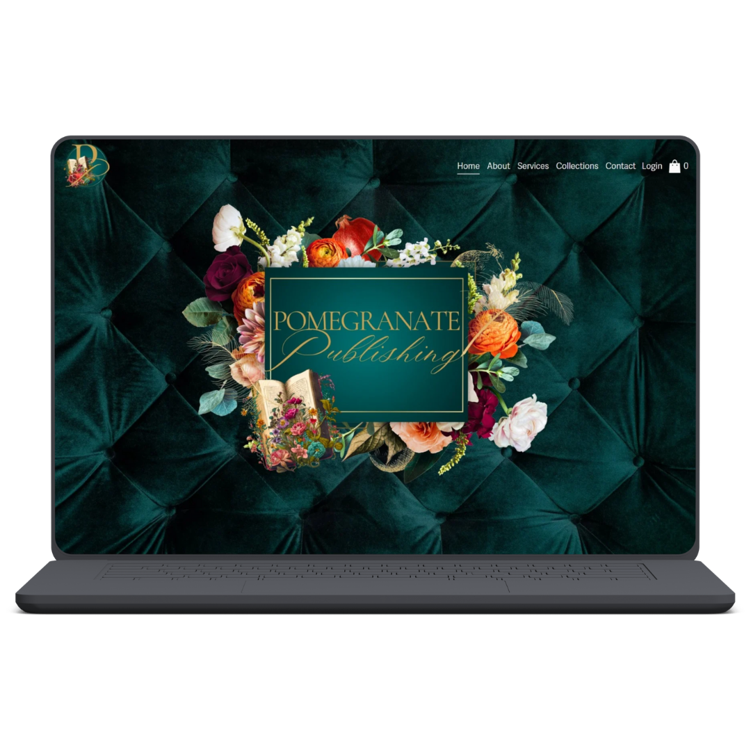 A laptop displaying a website with a dark green, quilted background. The screen features a floral wreath with various flowers surrounding a sign that reads "Pomegranate Publishing" in elegant gold script.