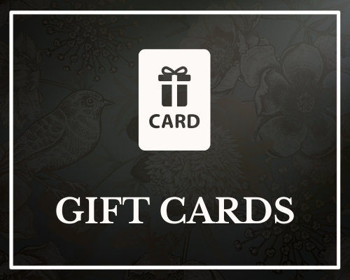 Presentation of a gift card with a background of floral and bird illustrations, featuring a white icon of a gift box and the text 'GIFT CARDS'.