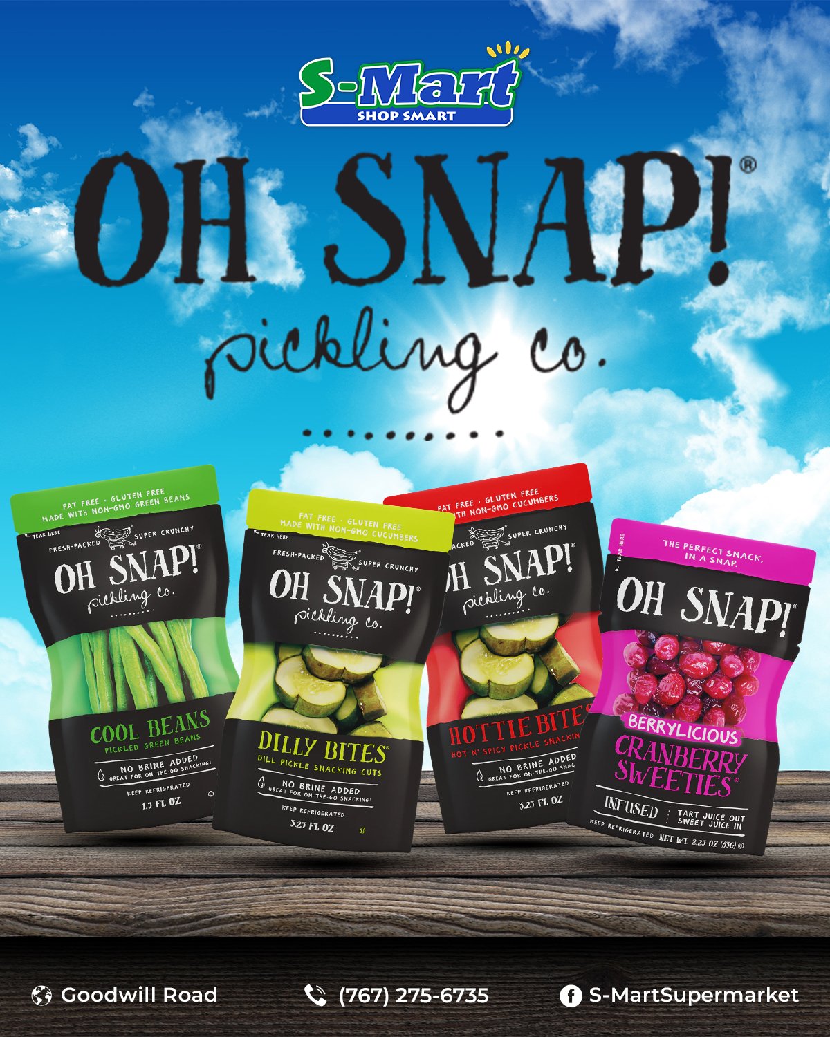 Colorful snack packages featuring pickled green beans, dill pickle slices, spicy pickles, and cranberry sweets on a wooden surface with a bright blue sky background, advertising S-Mart pickling snacks.