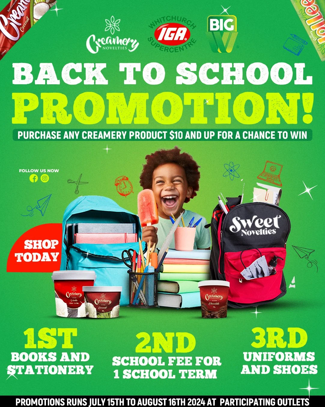 Colorful back-to-school promotional poster with a smiling child holding an ice cream, books, backpacks, and ice cream containers, advertising special offers on creamery products. The poster highlights a promotion where purchasing any creamery product