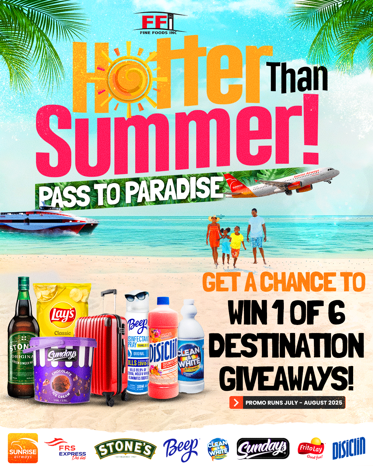 Vacation promotional poster featuring a beach scene with a family walking on the sand, tropical palm trees, an airplane, a ferry, and various travel products, promoting a giveaway contest.