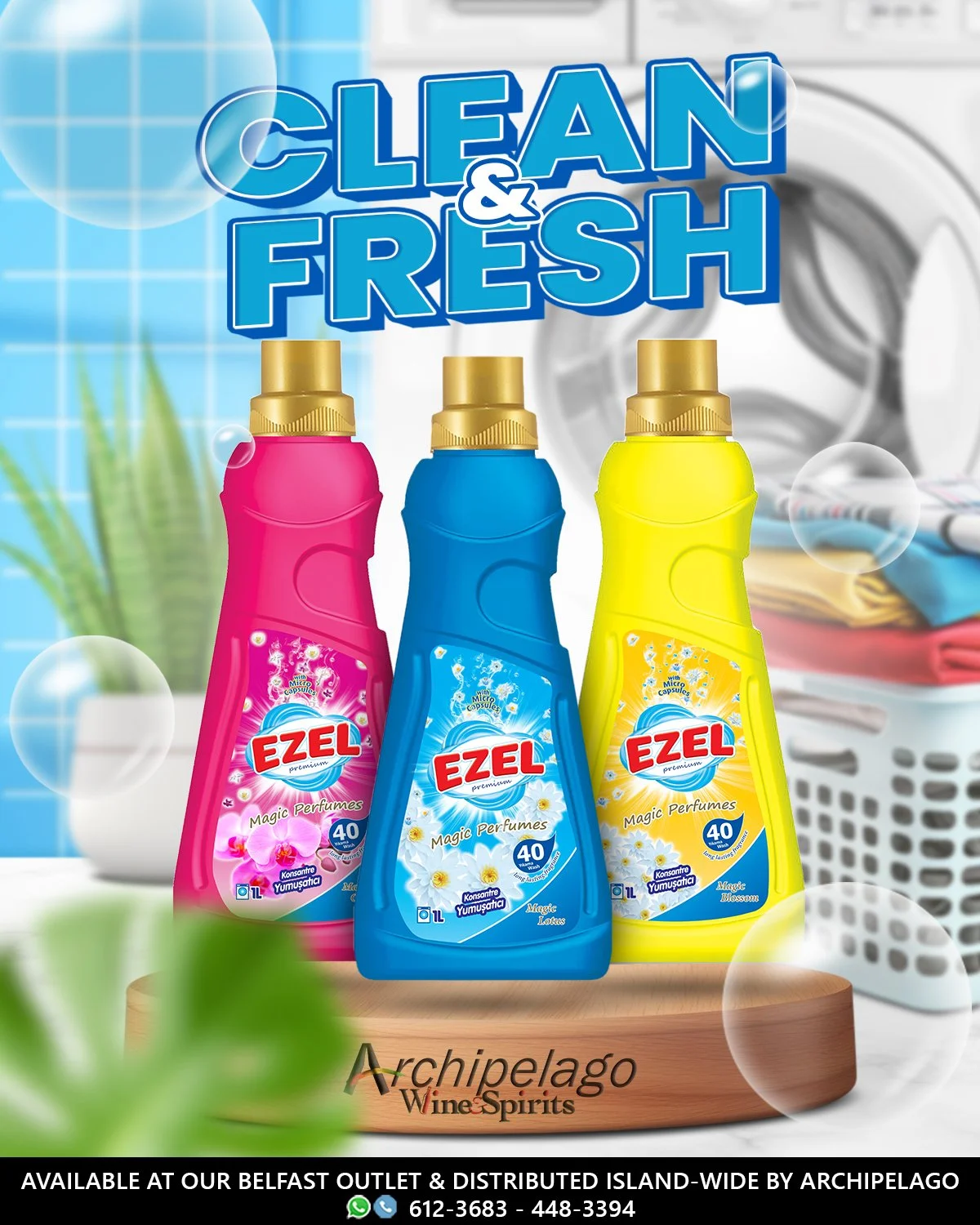 Advertisement for EZEL cleaning products with three bottles in pink, blue, and yellow on a wooden surface. Background includes laundry and a plant.