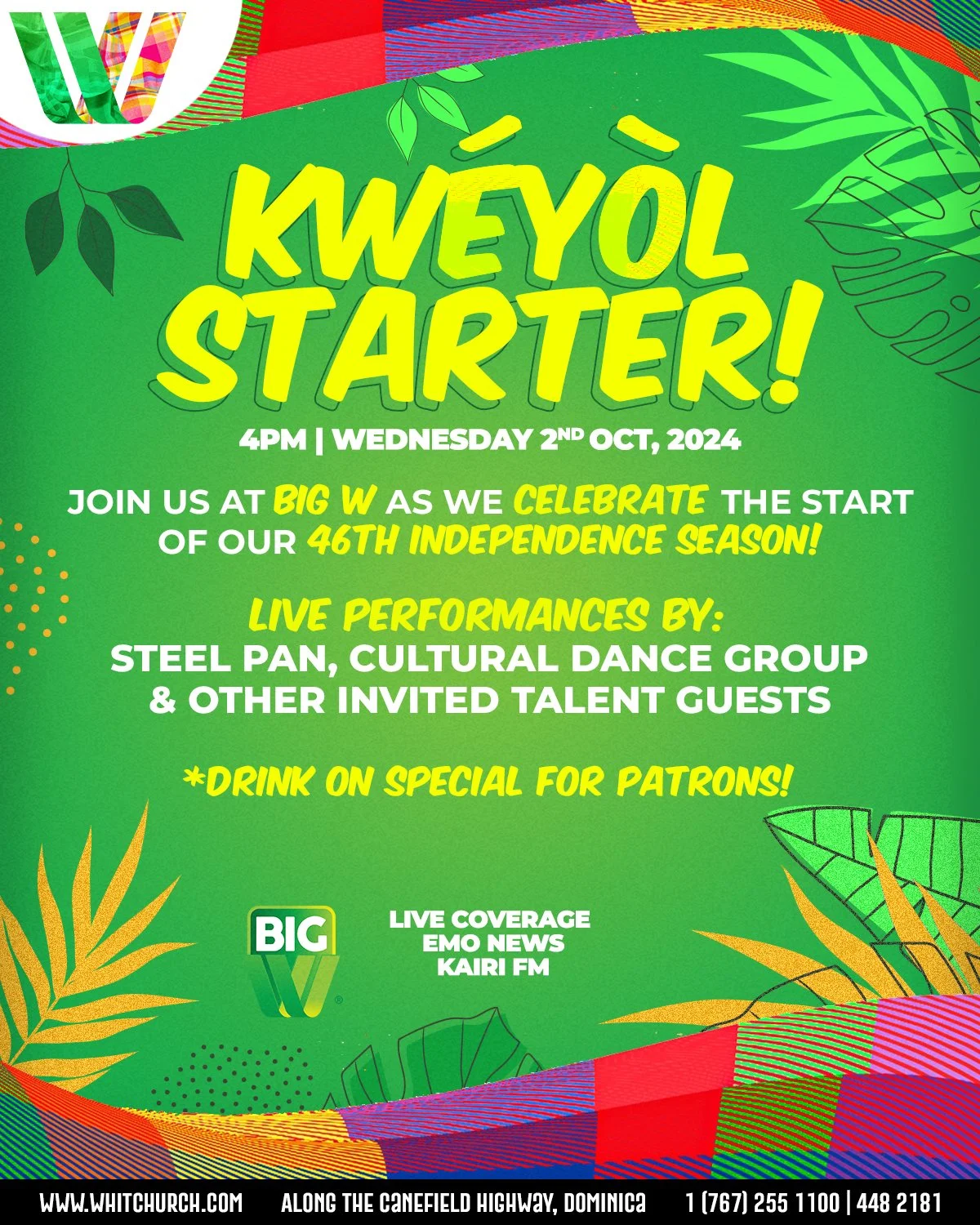 Bright green poster with yellow and white text advertising a Kwéol Starter event on October 2, 2024, at 4 PM with live performances, celebrating the 46th Independence Season, featuring cultural dance group, with details about live coverage and contac