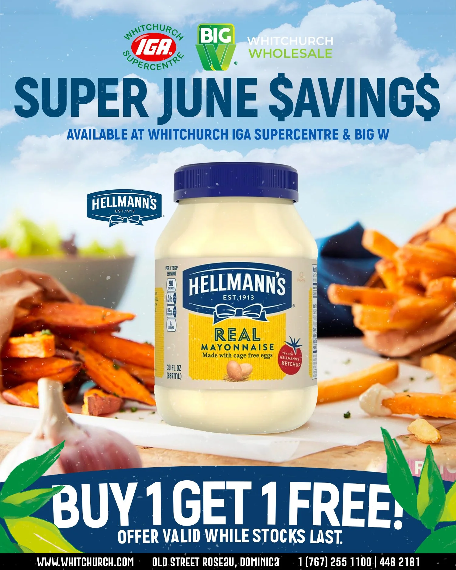 Advertisement for Hellmann's mayonnaise with super June savings, buy one get one free offer, at Whitchurch IGA Supercentre and Big W, featuring a jar of mayonnaise and food dishes in the background.