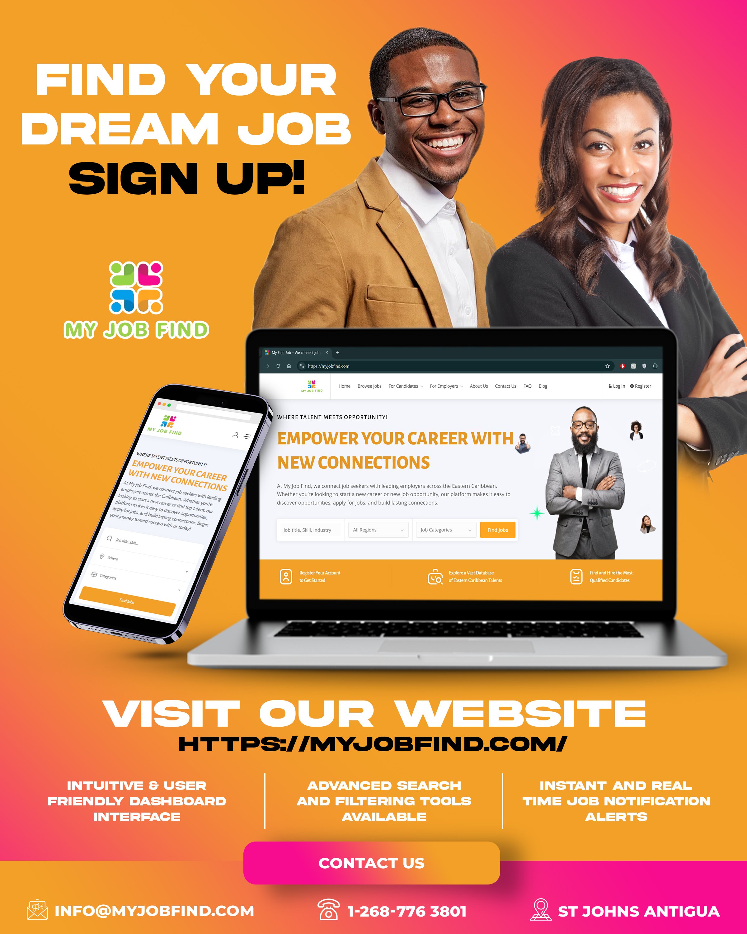 Promotional graphic for a job find website featuring two smiling individuals, a man and a woman, with laptops and a smartphone displaying the website. The background has a gradient from orange to pink with bold white and black text urging users to fi