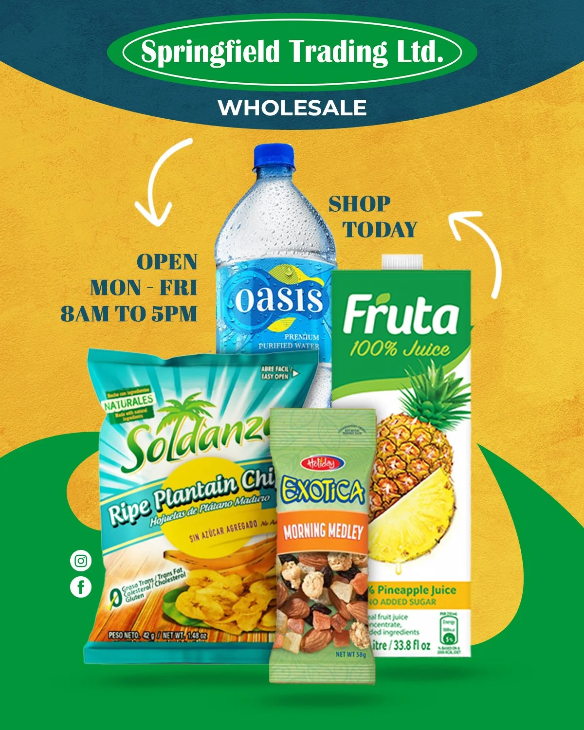 Advertisement for Springfield Trading Ltd. featuring Oasis purified water, Fruta 100% pineapple juice, Soldanza plantain chips, and Exotica morning medley nuts, with store hours Monday to Friday 8AM to 5PM.
