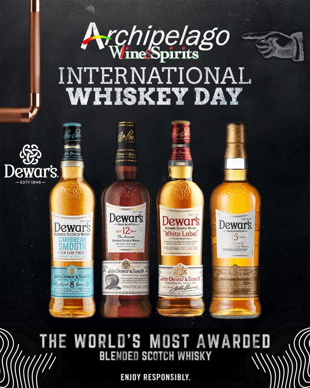 Advertisement celebrating International Whiskey Day featuring four bottles of Dewar's blended Scotch whisky with various labels and ages, against a black background with white text.