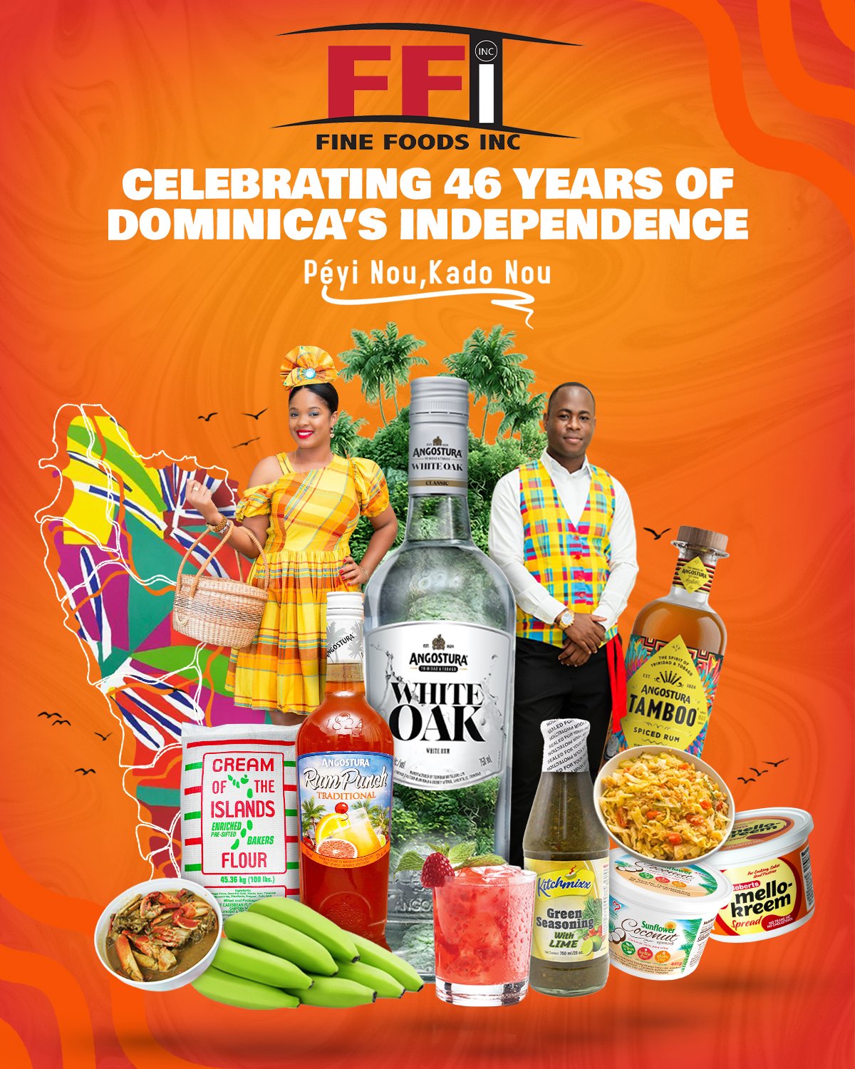 Celebration of 46 years of Dominican independence with traditional foods, drinks, and cultural attire. Featured items include White Oak rum, Tamboo rum, a variety of foods like plantains, pasta, and seafood, and two people dressed in colorful traditi