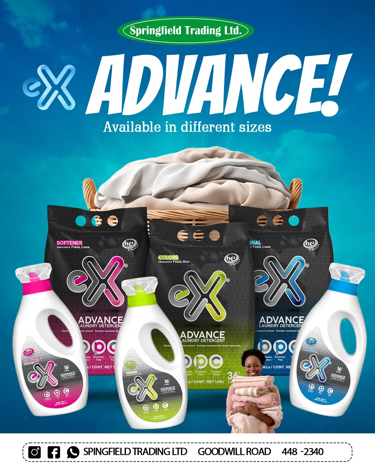 Advertisement for Springfield Trading Ltd. laundry products, featuring different sizes of laundry detergents in bottles with pink, green, and blue caps, and fabric softener and scent mist packages, with a woman holding folded laundry and a basket of 