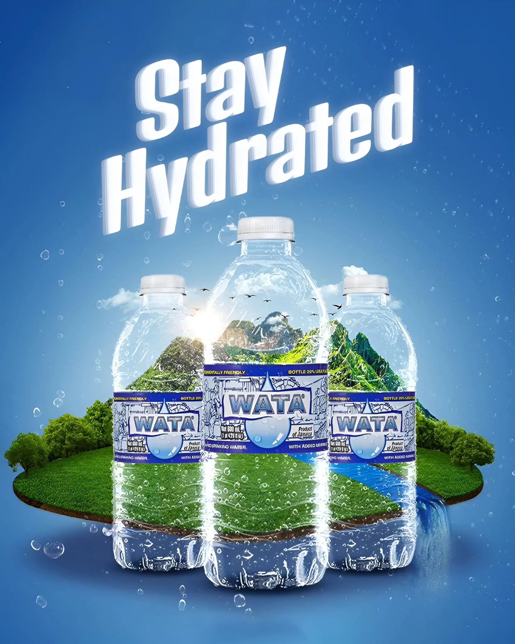 Illustration of bottled water labeled 'WATA' with a scenic landscape inside the bottles, including green mountains, trees, and a river, with the words 'Stay Hydrated' in large white text above.