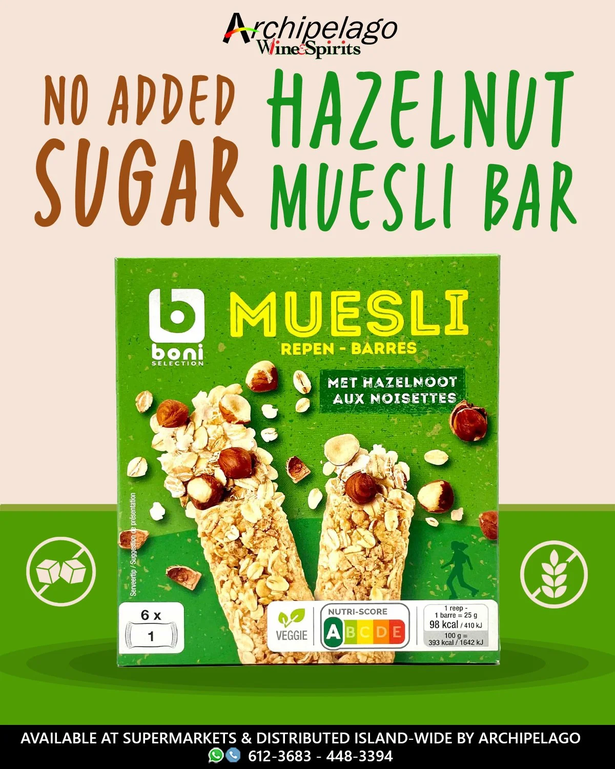 Packaged hazelnut muesli bars with hazelnuts on green packaging, with text indicating no added sugar, and brand information.