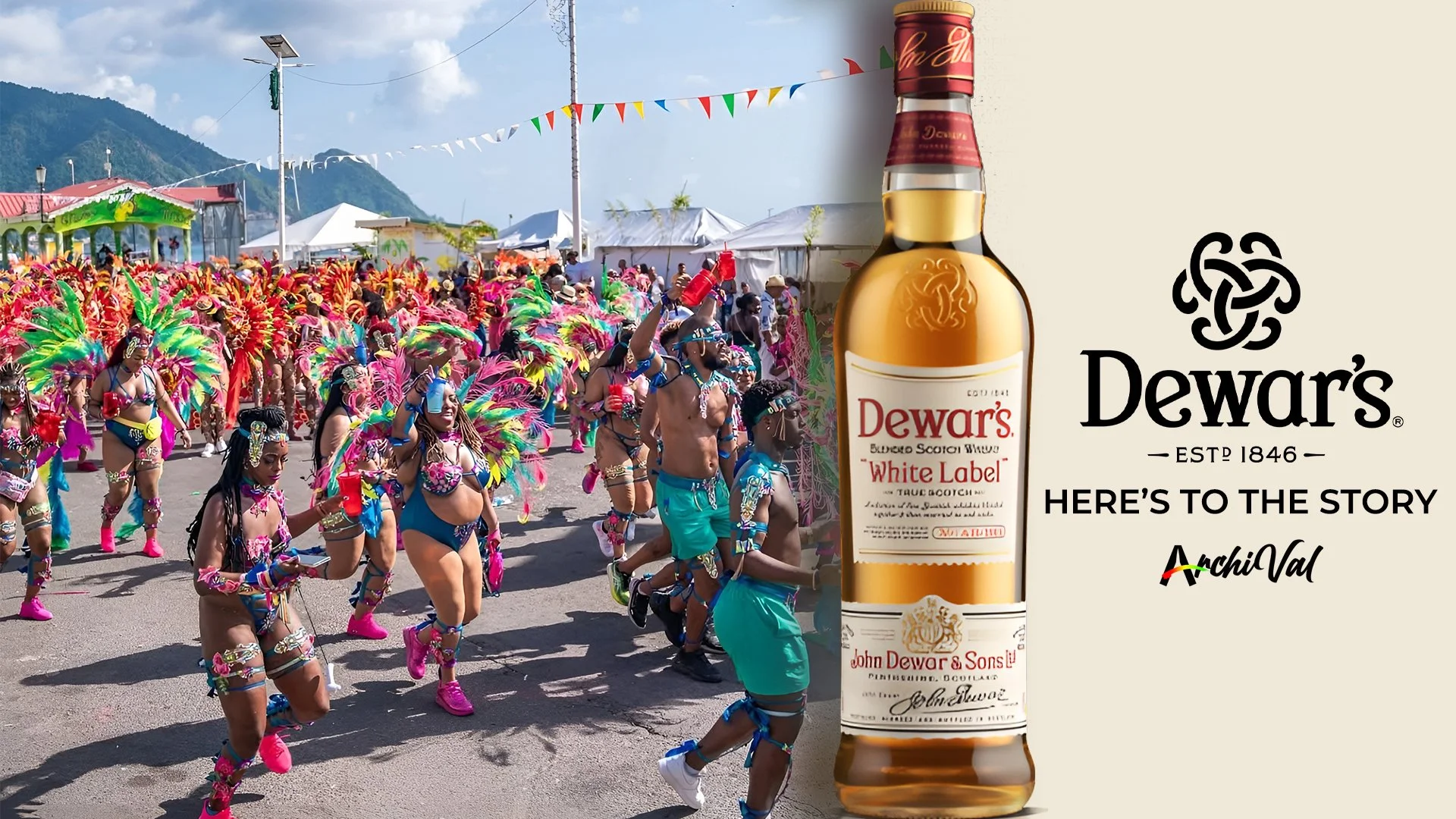 Colorful carnival parade with dancers in vibrant costumes on a street, and an overlaid image of Dewar's White Label whiskey bottle with branding and text.