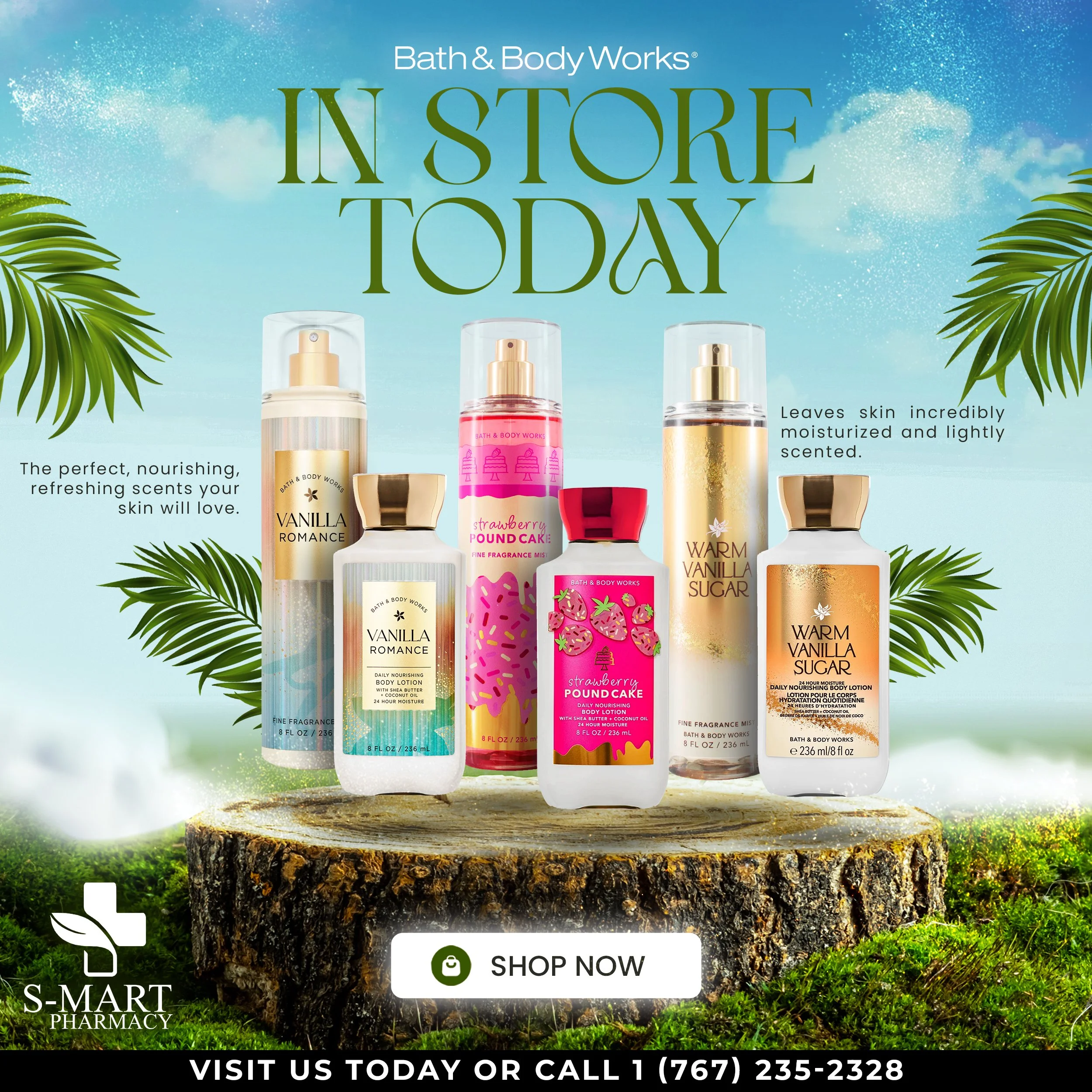 An advertisement for Bath & Body Works skincare products displayed on a tree stump with a background of a sunny sky and green grass. The products include body lotions and body mists in fragrances like Vanilla Romance, Strawberry Pound Cake, and Warm 