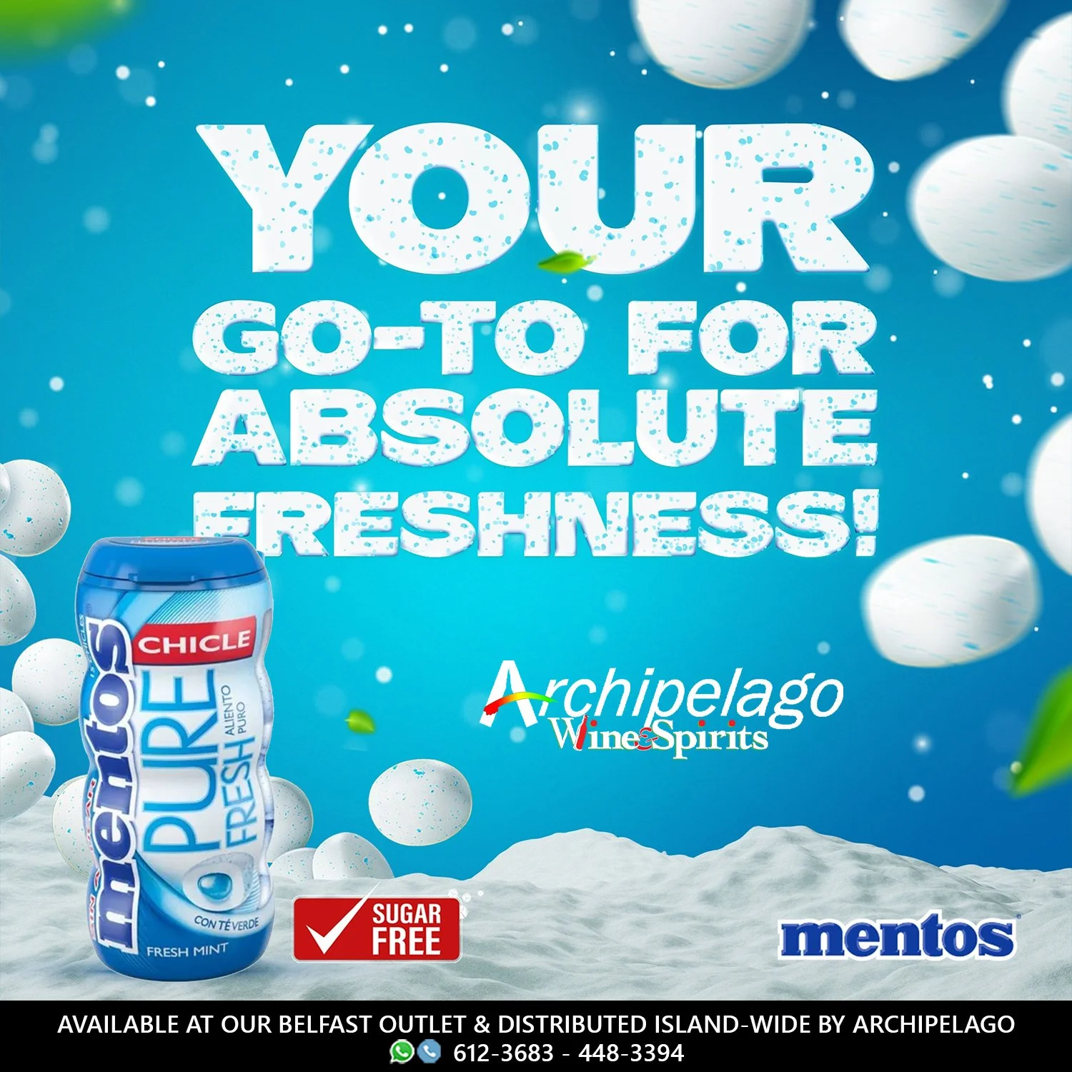 An advertisement for Mentos Pure Fresh Mint gum and Archipelago Wine & Spirits, highlighting a sugar-free feature with a blue background, white bubbles, and snow-like ground, promoting freshness.