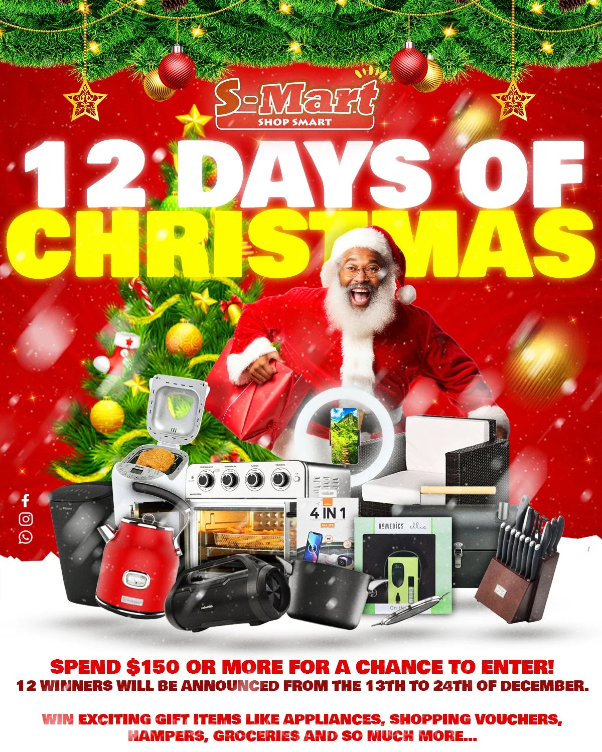 A Christmas promotional advertisement for S-Mart featuring a Santa Claus holding a red gift bag, a decorated Christmas tree in the background, and various appliances and gifts such as a toaster, vacuum cleaner, knife set, and electronic devices displ