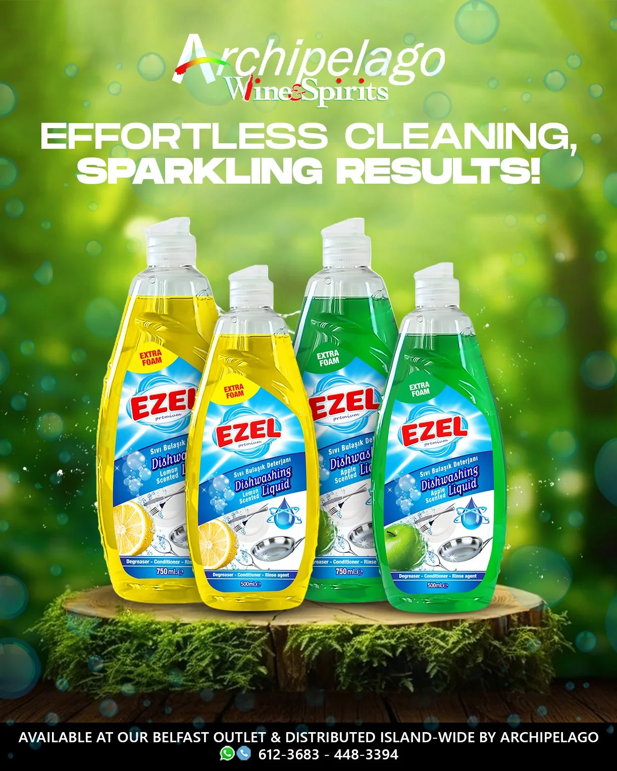 Advertisement for Ezell brand dishwashing liquid with lemon and apple scents, showing bottles on a tree stump against a green background with bubbles, highlighting easy cleaning and sparkling results.