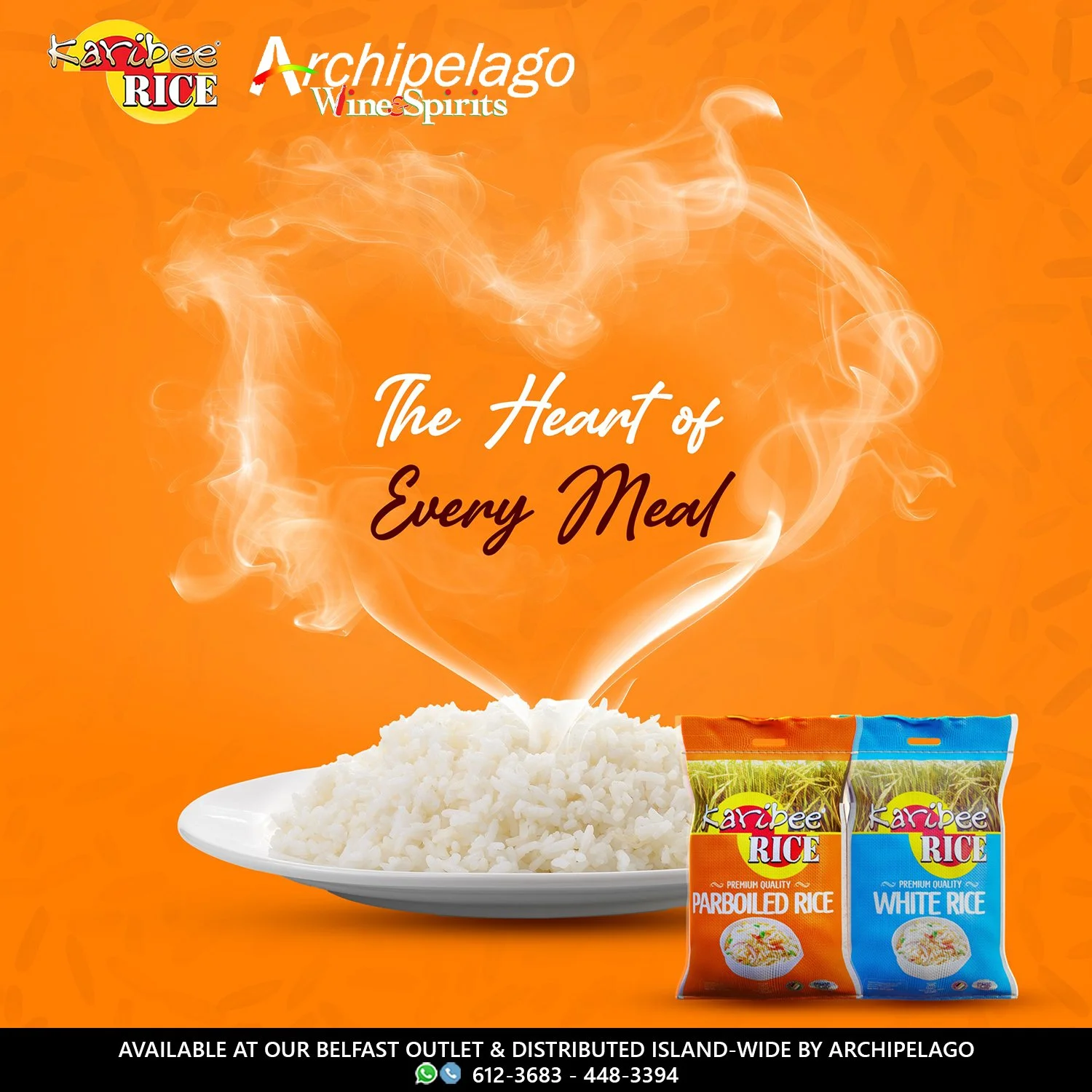 An advertisement for Aripee Rice featuring a white plate of steaming cooked rice with two bags of rice (parboiled and white rice) in front, and the text 'The Heart of Every Meal' written in the center. The background is orange.