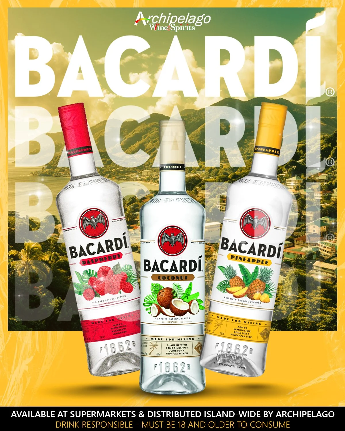 Advertisement for Bacardi flavored rum bottles featuring raspberry, coconut, and pineapple flavors, set against a tropical island background with text about availability and drinking age.