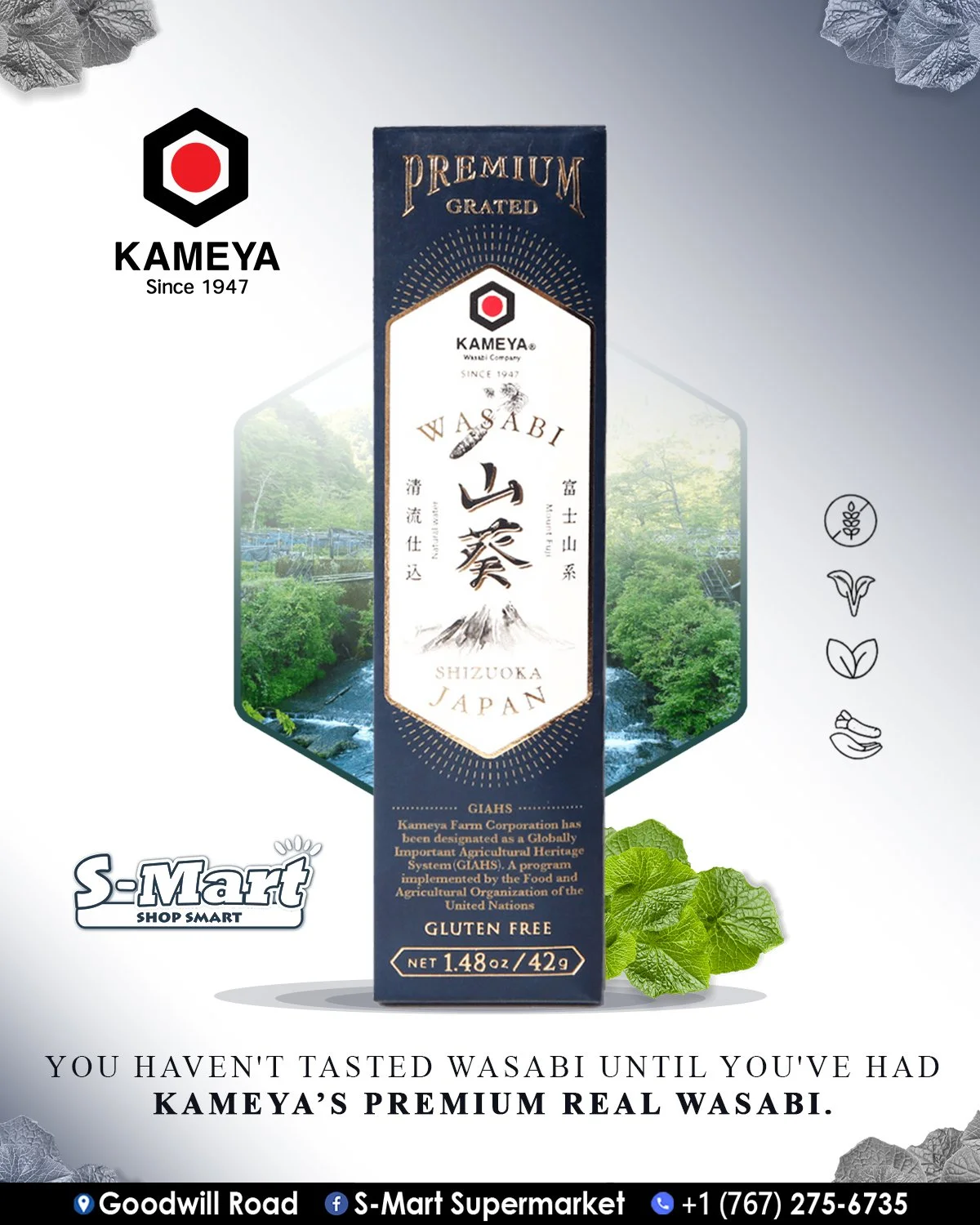 Advertising poster for Kameya Wasabi, featuring a box of premium wasabi from Shizuoka, Japan. The poster includes the Kameya logo, a scenic background, and text stating the product is gluten-free and imported.