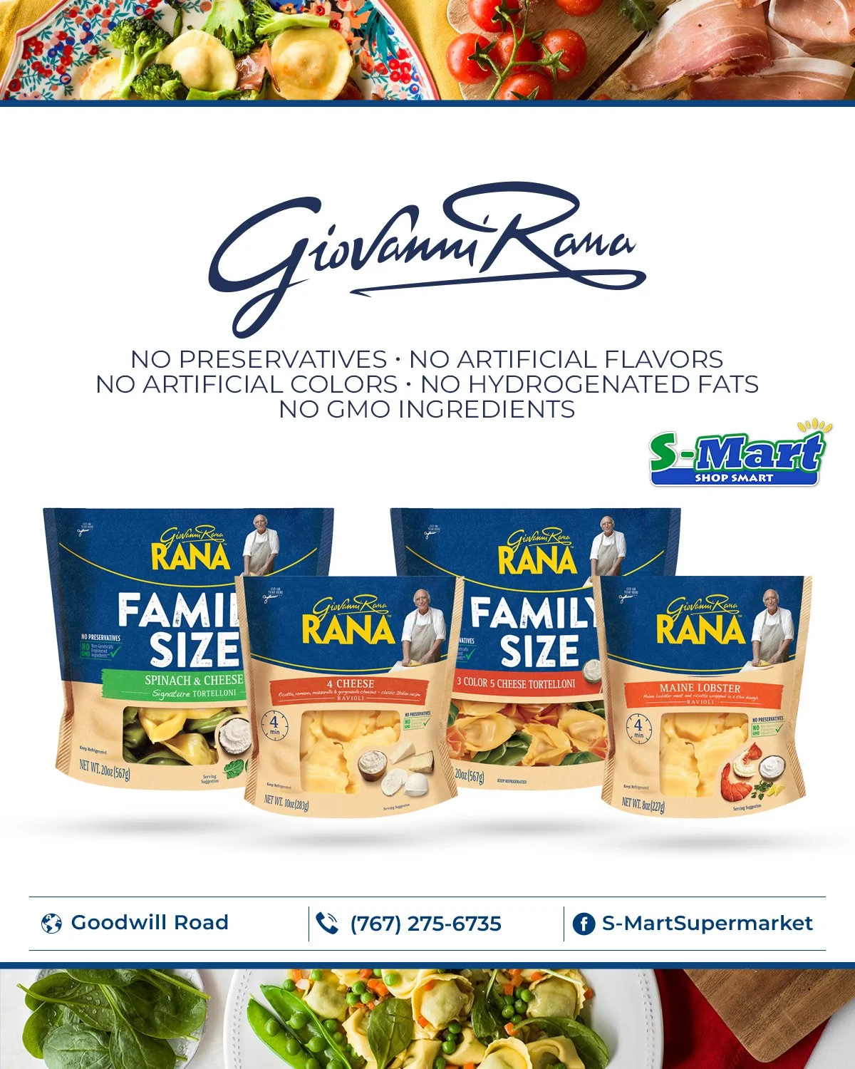 A promotional flyer for Giovanni Rana pasta products featuring four different types of pasta with cheese, including spinach and cheese ravioli, 4 cheese tortelloni, 3 color 5 cheese tortelloni, and Maine lobster ravioli, with the company's logo, tagl