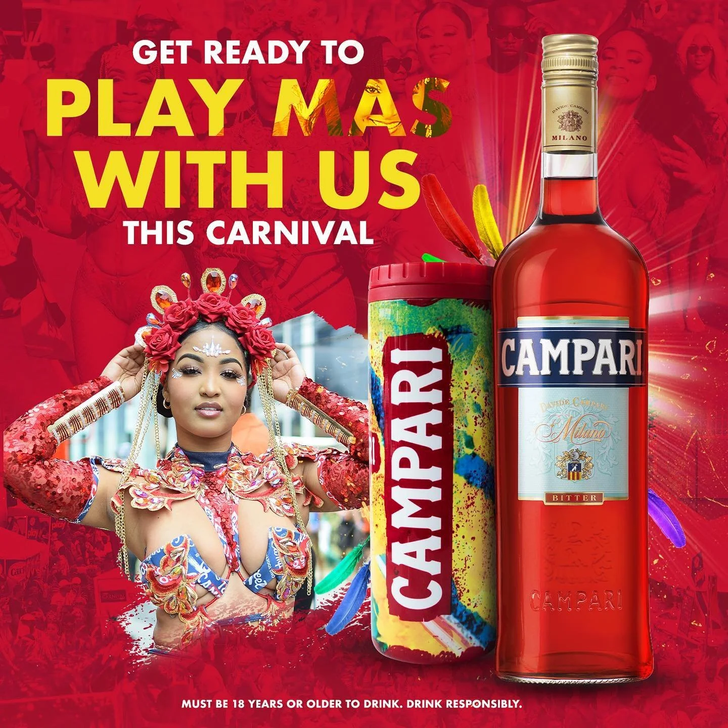 A promotional poster for a carnival featuring a woman in colorful, elaborate costume with makeup and accessories, a can of Campari bitter, and a bottle of Campari alcohol, with a red background and bold yellow and white text.