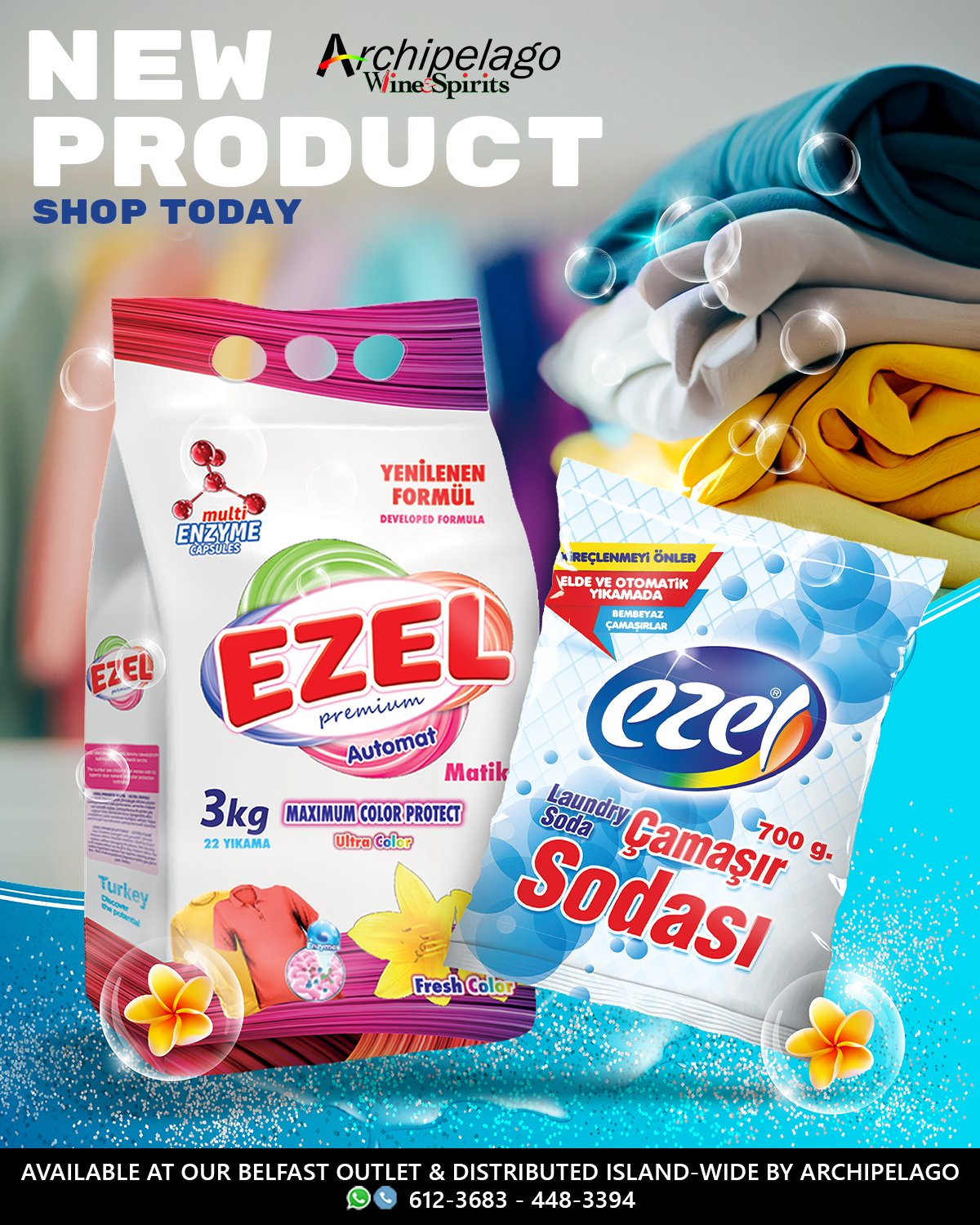 Advertisement showcasing laundry and dishwashing products from Archipelago, including EZEL laundry detergent and Soda laundry soda, with colorful folded clothes in the background.