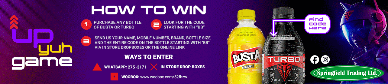 An instructional banner detailing how to participate in a game to win a Busta or Turbo energy drink bottle. It includes steps to purchase a bottle, look for a code, and send the code via WhatsApp, store drop box, or online link. The banner features i