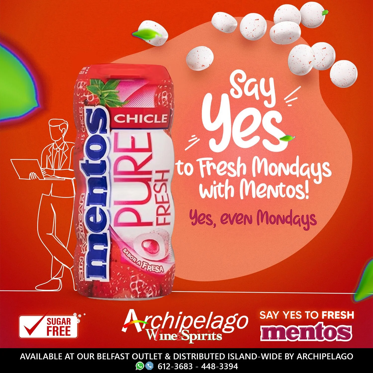 Red background advertisement for Pure Pura Fresh Marlberry flavored drink with white berries, lemon slices, and a stylized outline of a man in a suit holding a laptop. Text includes slogans like "Say Yes to Fresh Mondays with Mentos!" and "Yes, even 