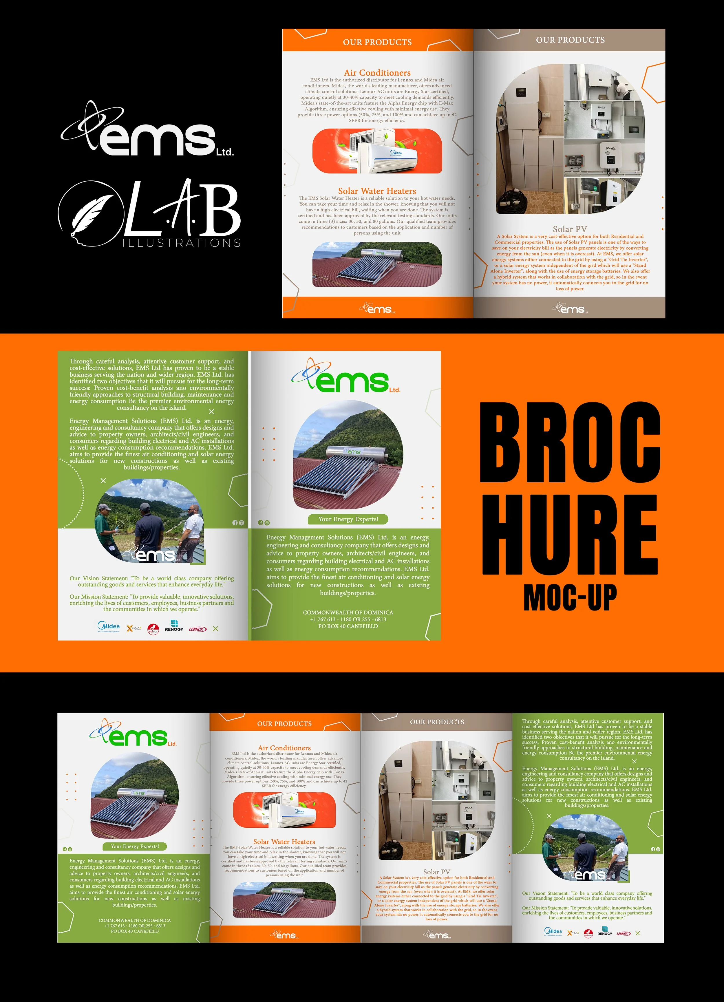 Brochure mock-up featuring green and orange-themed pages with product images and descriptions related to energy solutions like solar water heaters, air conditioners, and solar PV systems, including company logos and contact information.