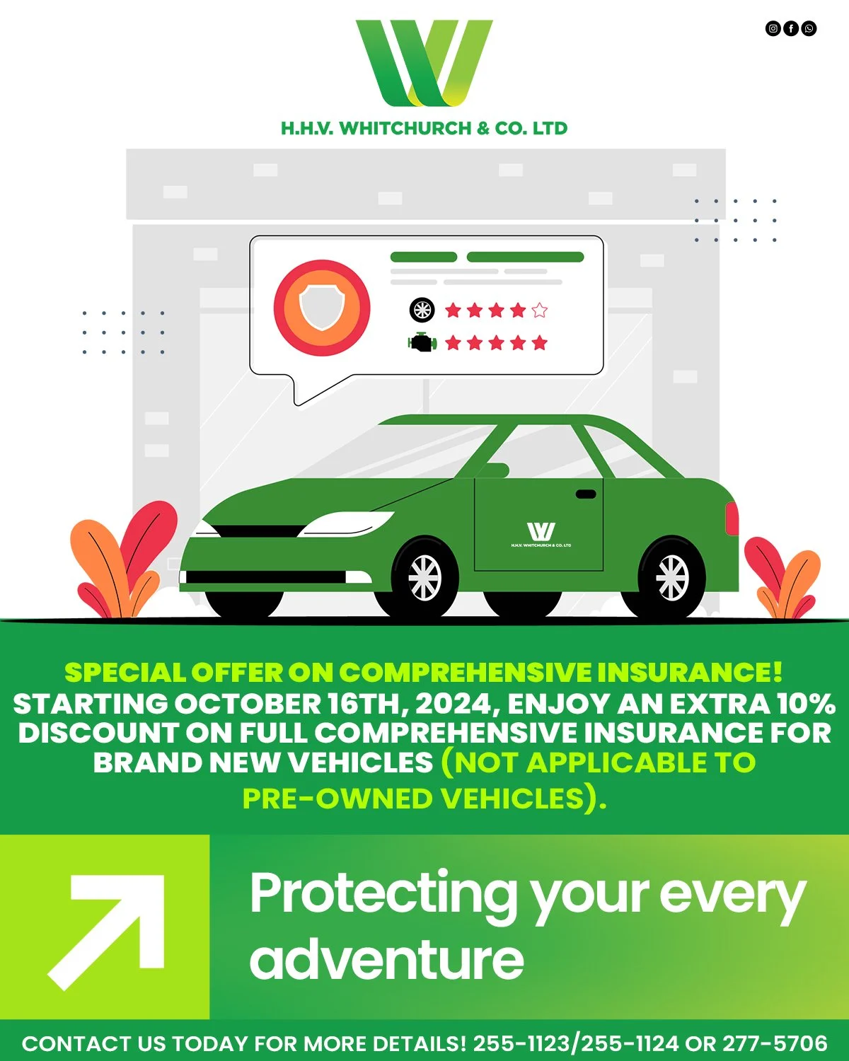 An advertisement for H.H.V. Whitchurch & Co. Ltd. featuring a green car with the company logo, a speech bubble with insurance and star ratings, and a promotional message about a special offer on comprehensive insurance starting October 16th, 2024, wi