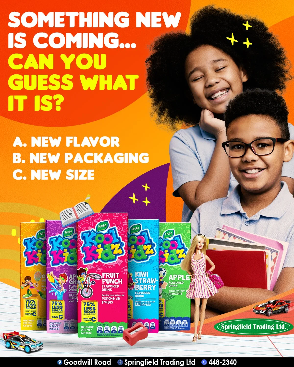 Bright colorful advertisement featuring various fruit-flavored drink cartons, with two smiling children in the background and a small doll in front, promoting a guessing game about a new product.