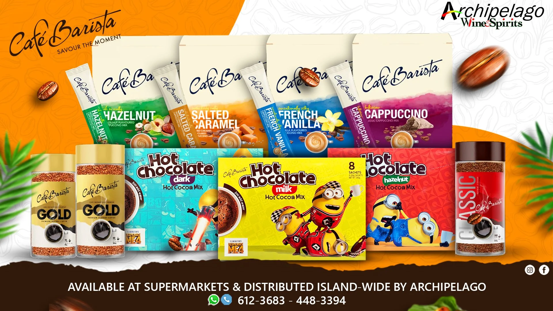 A display of various Café Barista flavored coffee products, including Hazelnut, Salted Caramel, French Vanilla, and Cappuccino, along with Hot Chocolate mixes in dark chocolate, milk chocolate, and hazelnut flavor. The products are set against an ora