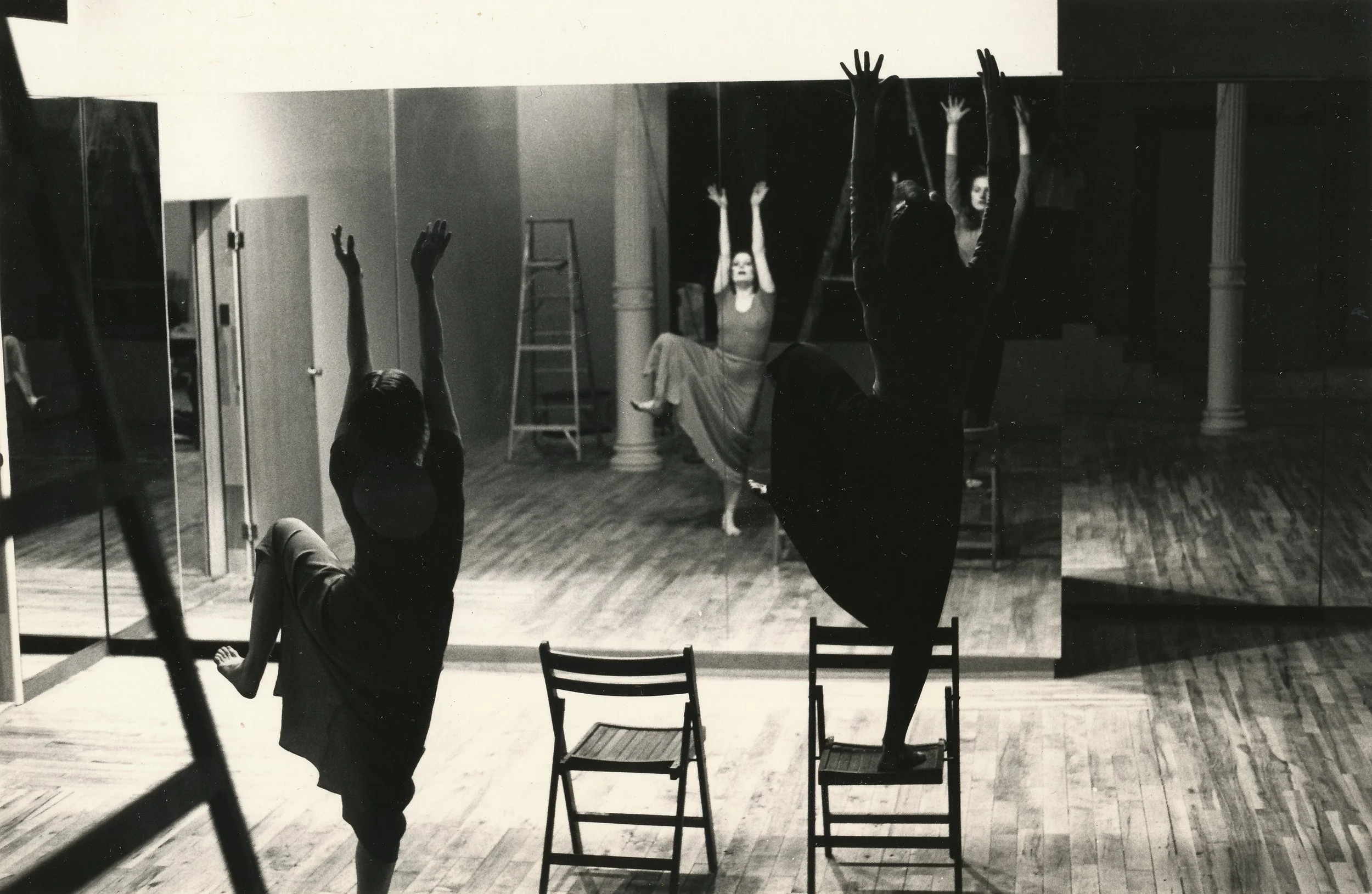 Rehearsal and improvisation by dancers Megan Bowman and Christina Hamm, in studio at loft, 120 Wooster Street, New York, NY, 1977