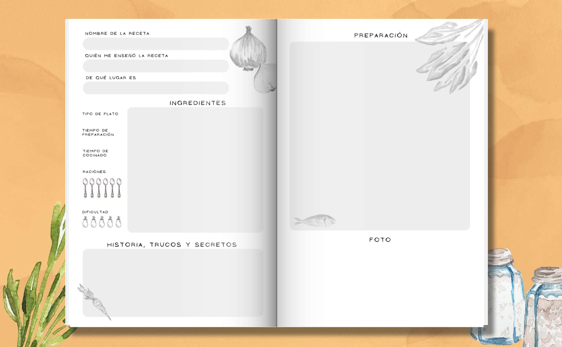 Cuaderno de recetas en blanco: Recetario de cocina en blanco para