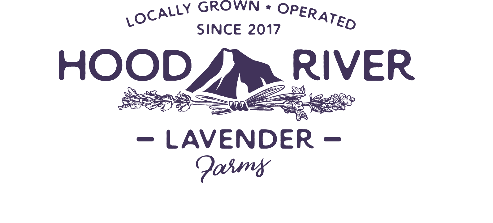 Logo for Hood River Lavender Farms, featuring a mountain, lavender sprigs, and text stating "Locally Grown, Operated since 2017, Hood River Lavender Farms."