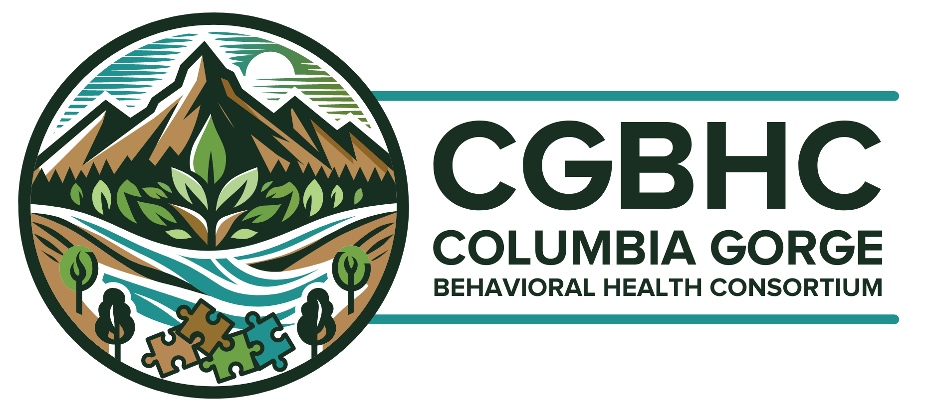 Logo for Columbia Gorge Behavioral Health Consortium featuring mountains, river, trees, and puzzle pieces.
