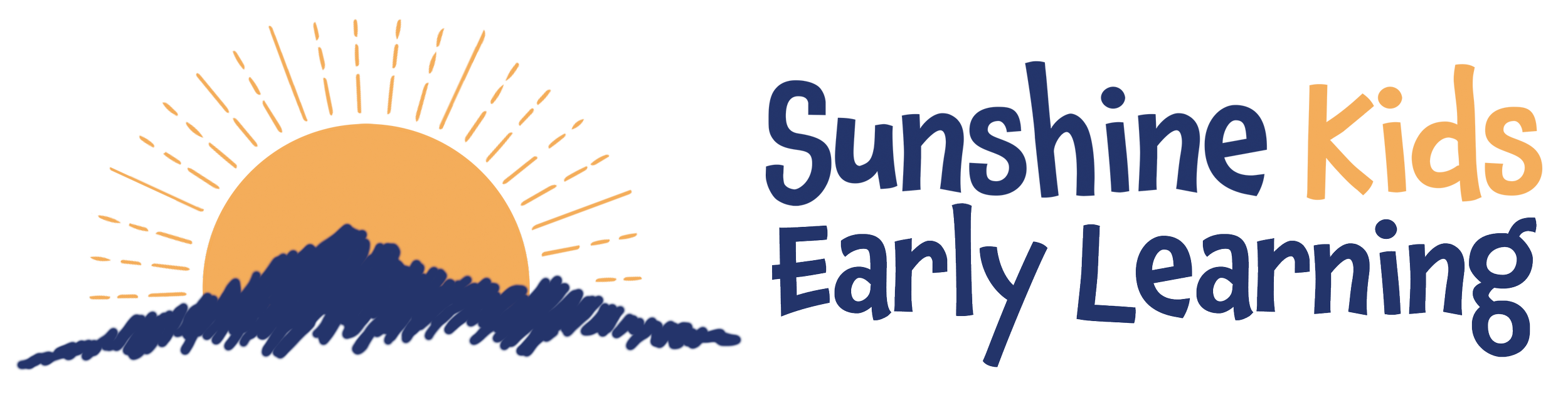Logo for Sunshine Kids Early Learning featuring a sunrise with a yellow sun and blue mountain silhouette, with the words 'Sunshine Kids Early Learning' in blue and orange text.