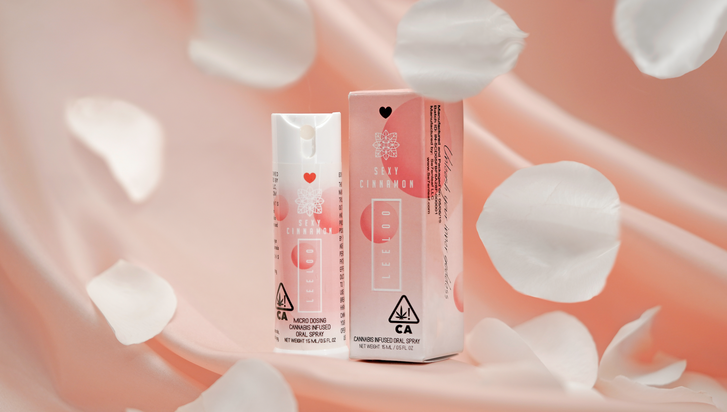 Premium studio product photography of Jeeter packaging styled with peach-toned silk, soft floral petals and controlled lighting for elevated ecommerce and brand imagery.