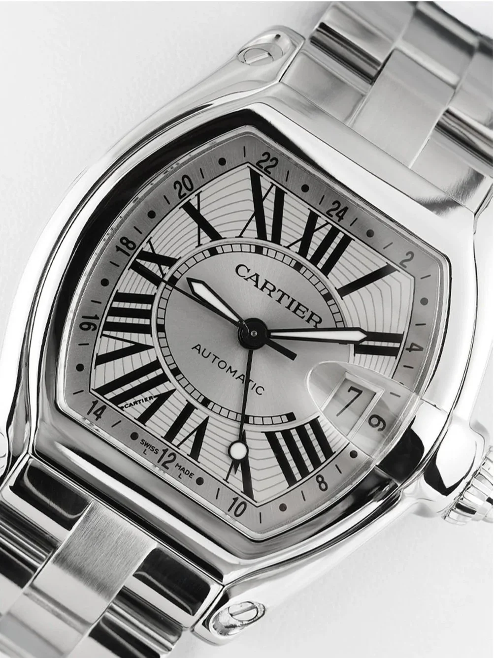 Cartier Roadster watch close-up on model wrist — luxury watch product photographer San Diego

